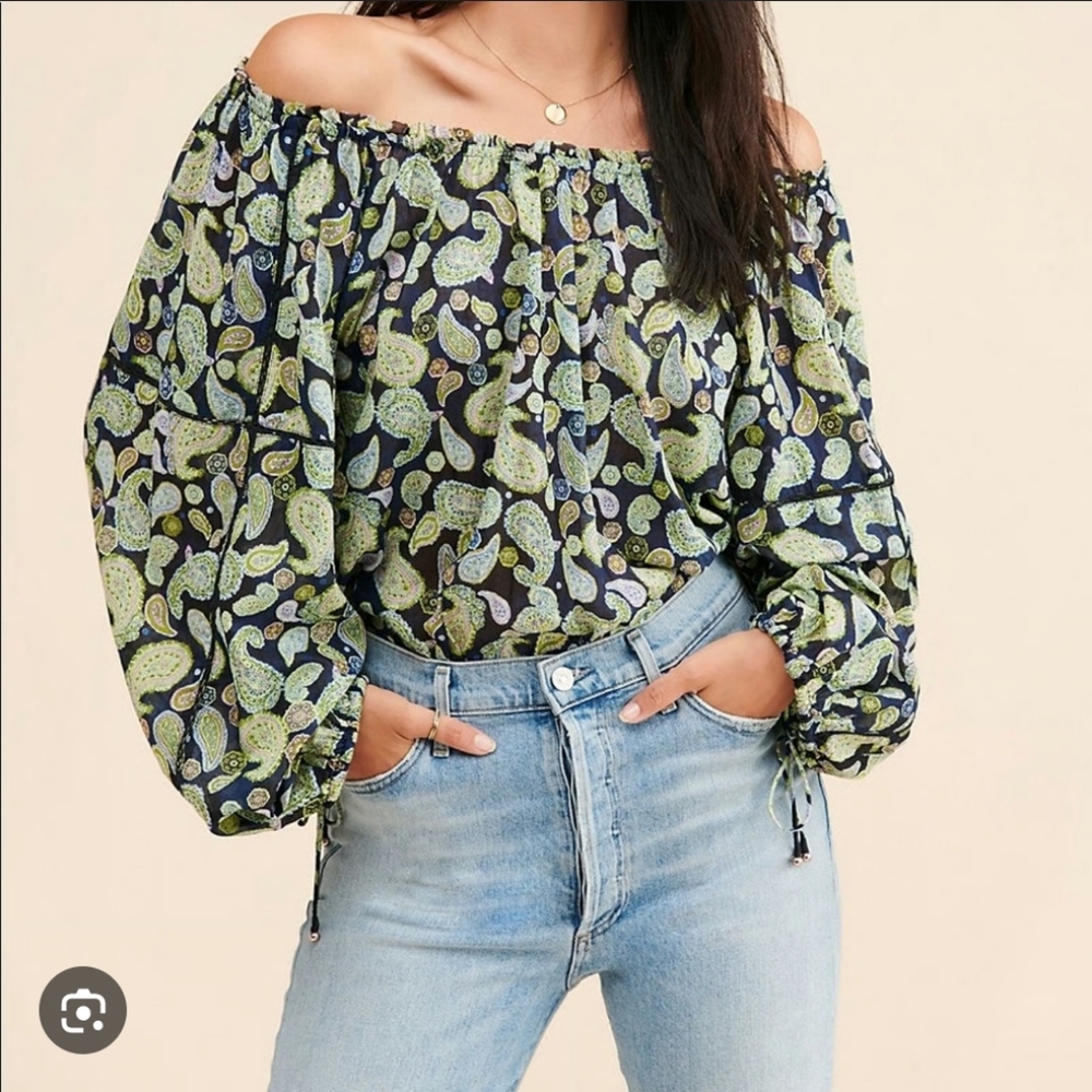 Free People Black Paisley Off-Shoulder Long Sleeve Bodysuit